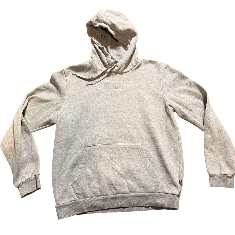 PUMA Hoodie Mens Medium Gray Solid Logo Pullover Sweatshirt Fleece Athletic
